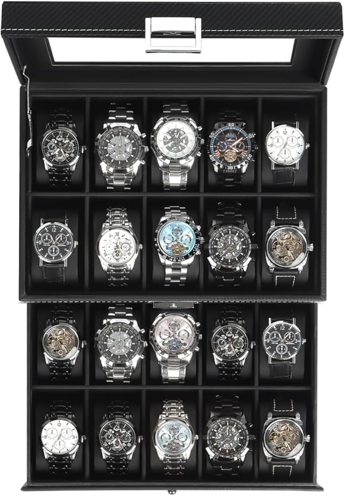 Watch Case for Men, 20-Slot 2-Layer Watch Box with Large Glass Lid, Watch Storage Organizer with Removable Watch Pillows, Men's Jewelry Box with Lock, Watch Holder Display Case, Gift for Men Women