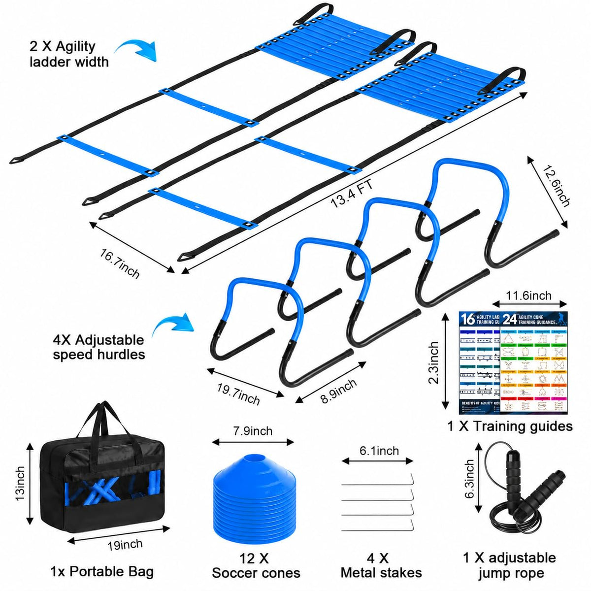 Agility Speed Training Equipment Set - 20ft Speed Ladder, 12 Cones, 4 Adjustable Hurdles, Jump Rope, Parachute, 3 Resistance Bands | Ideal for Basketball, Football, Soccer, for Kids, Youth, Adults