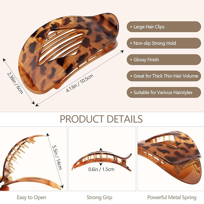 Large Flat Round Hair Clips Oval Claw Clips for Thick Medium Thin Hair 6Pcs Non Slip Strong Hold Barrettes Duckbill Accessories for Women Girls Leopard Tortoise Shell Color