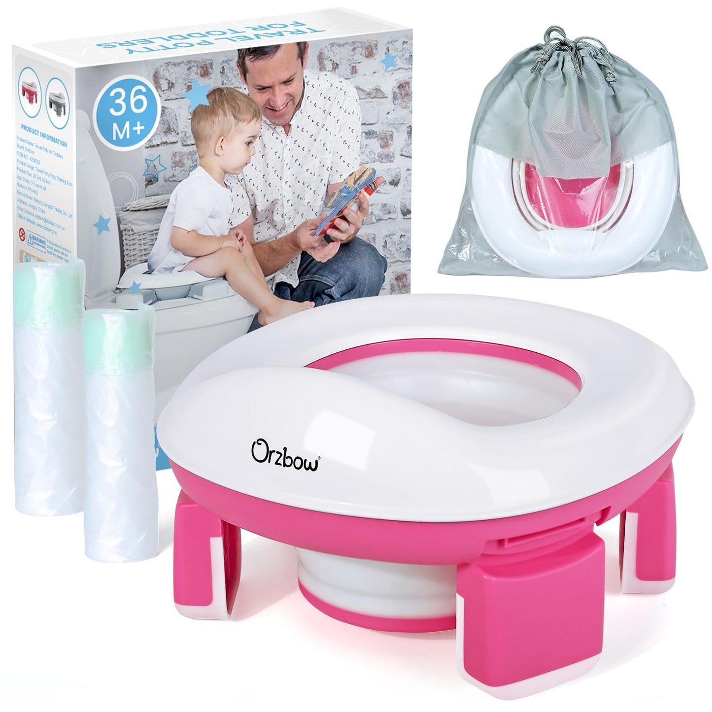 Orzbow Portable Potty Training Toilet, Travel Potty Seat for Toddler Boys Girls with Splash Guard, Potty Training Essentials, Foldable, Includes Free Travel Bag and 40 Liners, Indoor/Outdoor Use, Pink