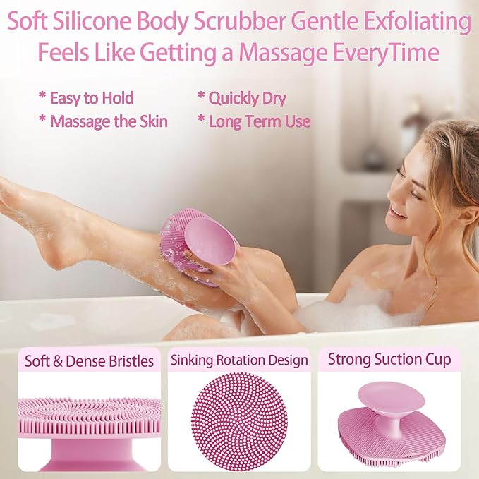 Soft Silicone Body Scrubber, Gentle Like a Hand Exfoliating Your Skin and Build Up Lather Easily, Back Large Suction Cup Easy to Store, Long-Lasting & Deep Clean (Pink)