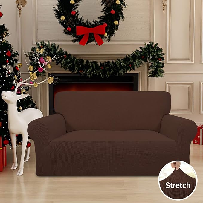 Easy-Going Stretch Loveseat Slipcover 1-Piece Sofa Cover Furniture Protector Couch Soft with Elastic Bottom for Kids Polyester Spandex Jacquard Fabric Small Checks (Loveseat, Coffee)