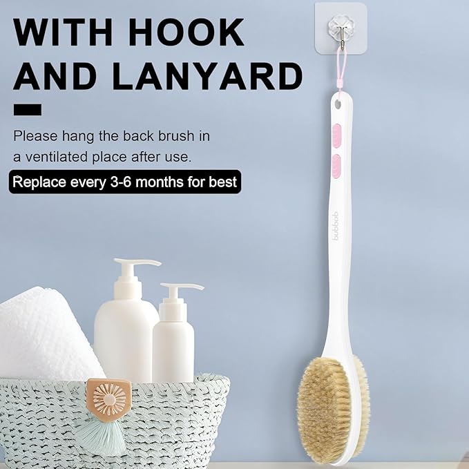 Back Scrubber for Shower with Long Handle, Exfoliating Bath Brush for Body - Double Sided Bristles (Stiff & Soft), Anti-Slip Grip, Lightweight - Gift for Seniors, Includes Lanyard & Hook, Pink
