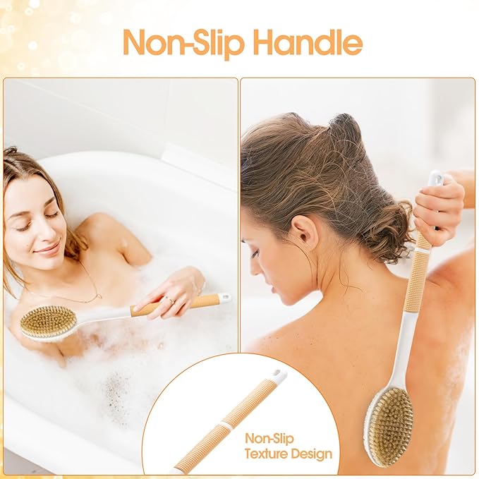 Backski Body Scrubber Anti Slip for Shower, Shower Brush Long Handle with Stiff and Soft Bristles, Body Wash Exfoliating Back Scrubber for Bath or Dry Brushing Body Brush(Orange)