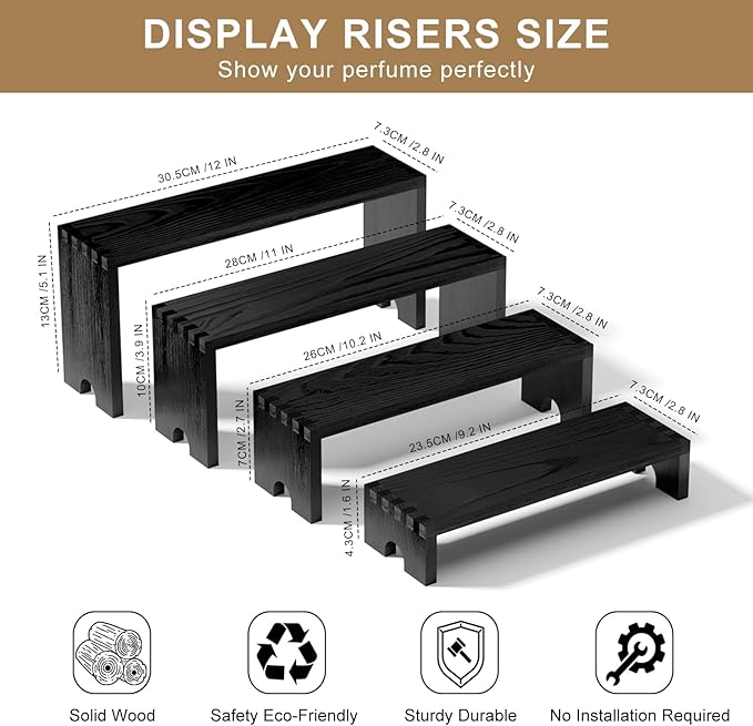 4 Set Black Wooden Tiered Riser Display Stands for Vendor Events,Stackable Wood Cupcake Stand,Farmhouse Decor Wood Dessert Table Display Set,Vendor Booth Display Items,Food Display Risers for Party