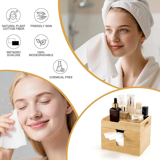 Bamboo Disposable Face Towel Holder with 2 Glass Jars - Open-Top Skincare Organizer for Facial Cleansing Wipes & Beauty Essentials - Bathroom Countertop Vanity Organizer