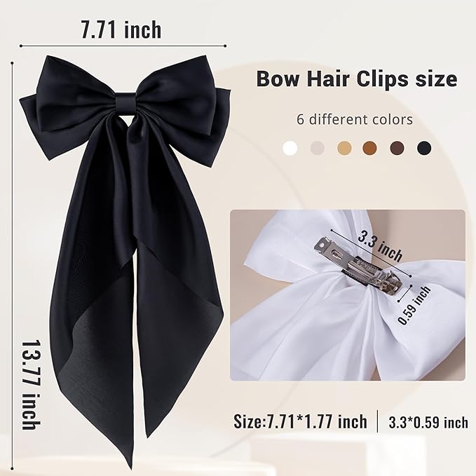 6Pcs Large Bows Hair Clips for Women Girls Long Tail Hair Ribbon Silky Satin Barrettes Coquette Bows Accessories (Black/khaki/Brown/White)