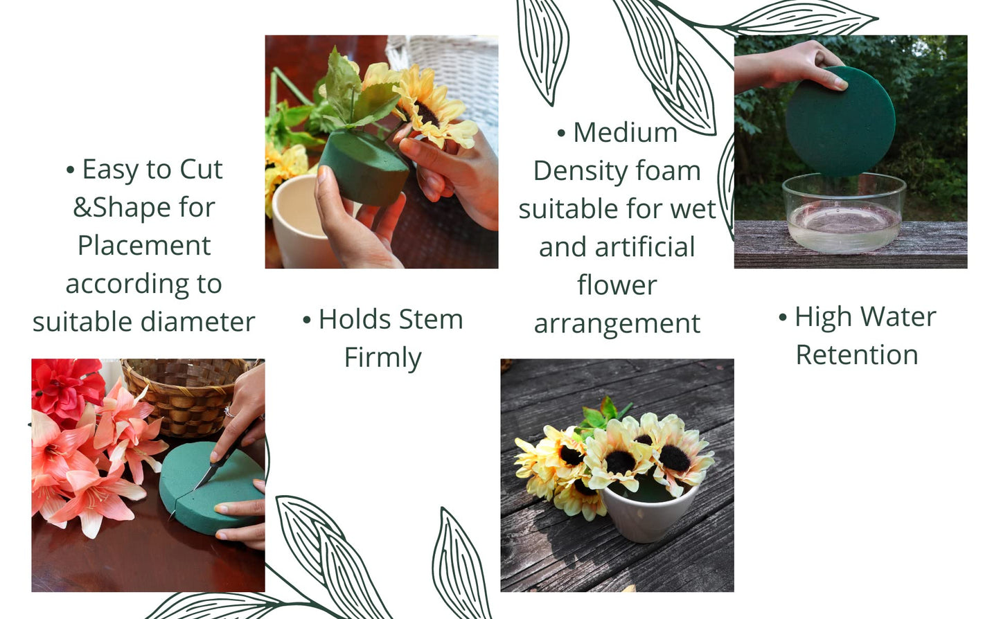 Pack of 6 FLOFARE Round Floral Foam Blocks for Fresh and Artificial Flowers, (6" X 1.5"), Dry & Wet Green Flower Foam for Flower Arrangements and Florist Supplies