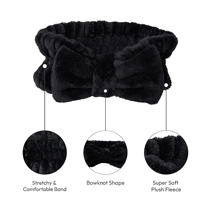 Red by Kiss Spa Headband for Washing Face Facial Makeup Bow Head Band Soft Plush Fleece Stretchy Head Wraps for Women Shower Bath Washing Face Mask (Black)