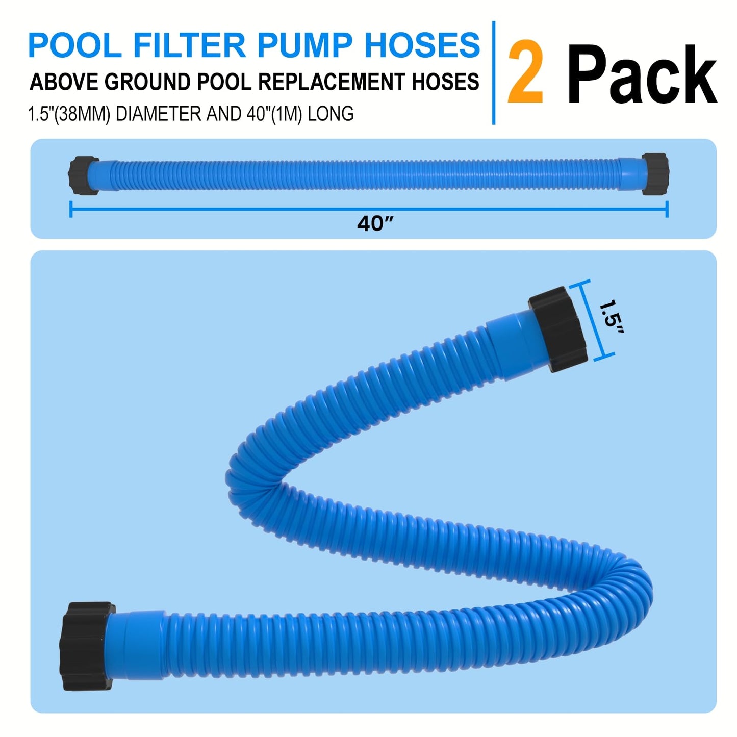 1.5" x 40" Pool Hose Replacement, Pack of 2 - Compatible with Above Ground Pools Filter Pump Hoses, Sand Filters, Saltwater Systems (1,500-2,500 GPH), Blue