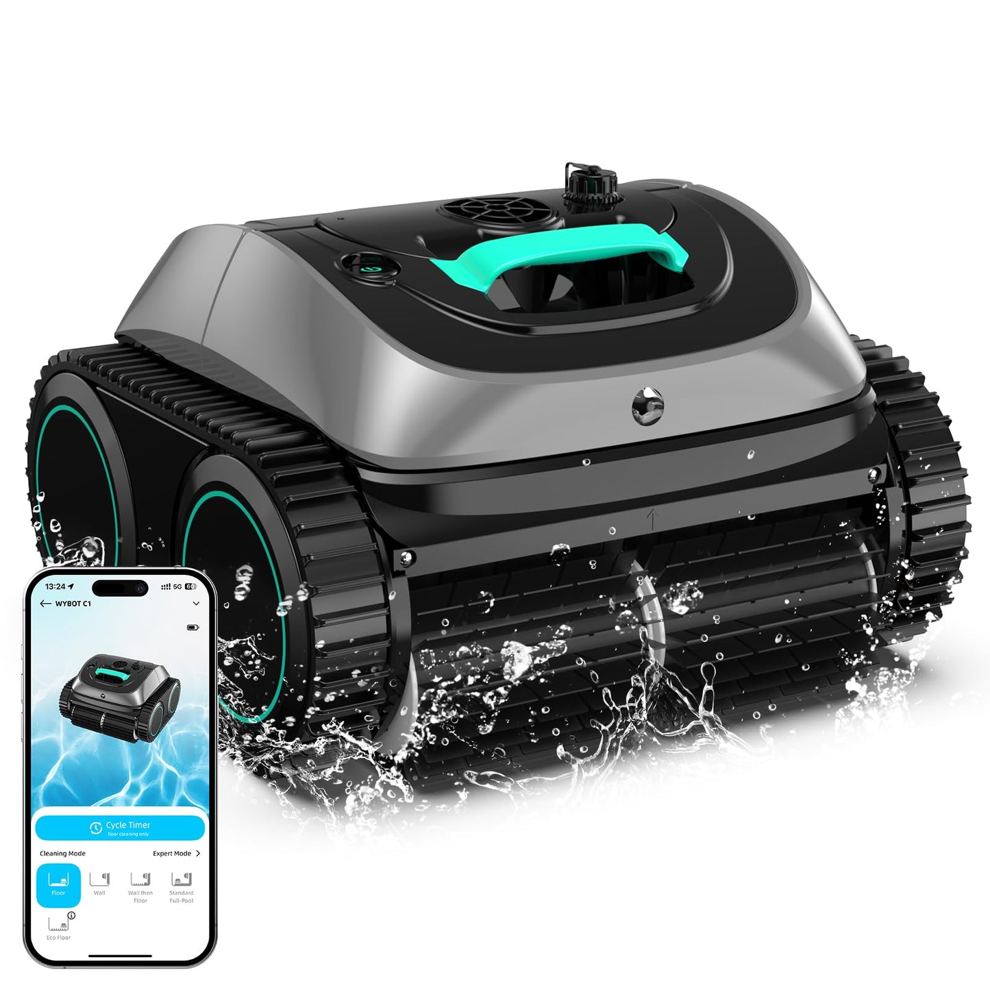 WYBOT Pool Vacuum for Inground Pools, 4-in-1 Cordless Robotic Pool Cleaner for Above Ground Pools, Triple-Motor up to 1,614 Sq.ft, Wall & Waterline Cleaning, WiFi & Bluetooth (Grey with Green)