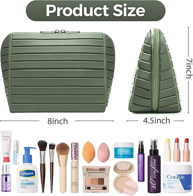 Travel Makeup Organizer Bag with Fold-Down Design and Adjustable Dividers, 27 Pockets & 3 Brush Storage Holders, Large Capacity Cosmetic Bags Toiletry Case - Dark Green