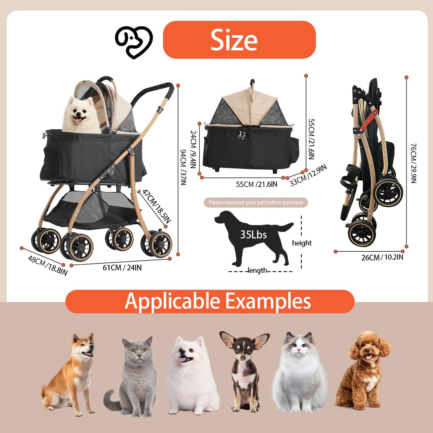 MILA&LOUIS Pet Stroller, 22" Pet Cradle for Small Dog, Dog Stroller with 4 Pu Wheels, 10Lbs Ultra-Light Dog&Cat Stroller for Small Pets, Max 22Lbs Capacity Detachable & Foldable Design with Cup Holder