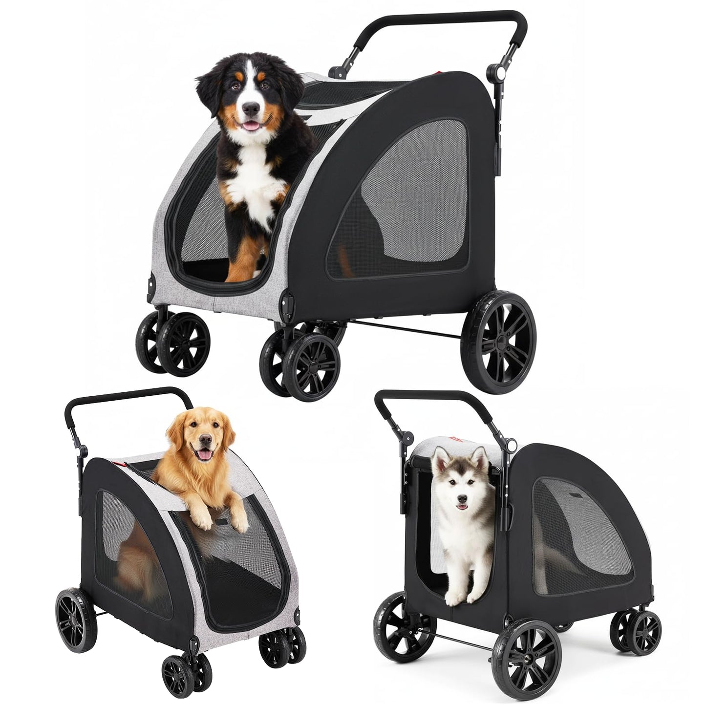 Danrelax Large Pet Stroller for Large & Medium Dogs, 77 lb Capacity, 12" All-Terrain Shock Absorbing Wheels, Waterproof 600D Grey Linen, Heavy-Duty Extra Large Pet Pram, Foldable Travel Stroller