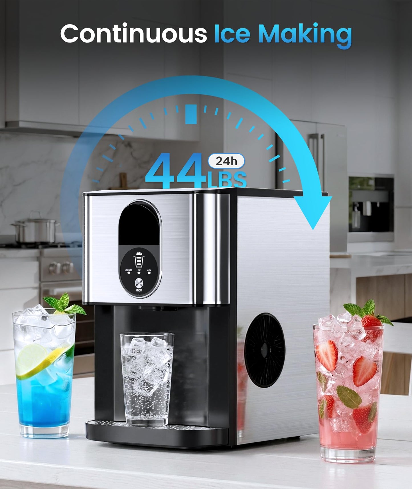 Antarctic Star Nugget Ice Maker Countertop with Soft Chewable Ice, 44Lbs/24H Portable Pellet Ice Machine with Self-Cleaning, One-Click Operation, for Home/Kitchen/Office, Stainless Steel, Silver