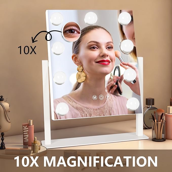 Hollywood Vanity Mirror with Lights, 9 Dimmable Bulbs, 3 Color Lights,Make Up Lighted Mirror, 10x Magnification 360°Rotation (12" x 14") White