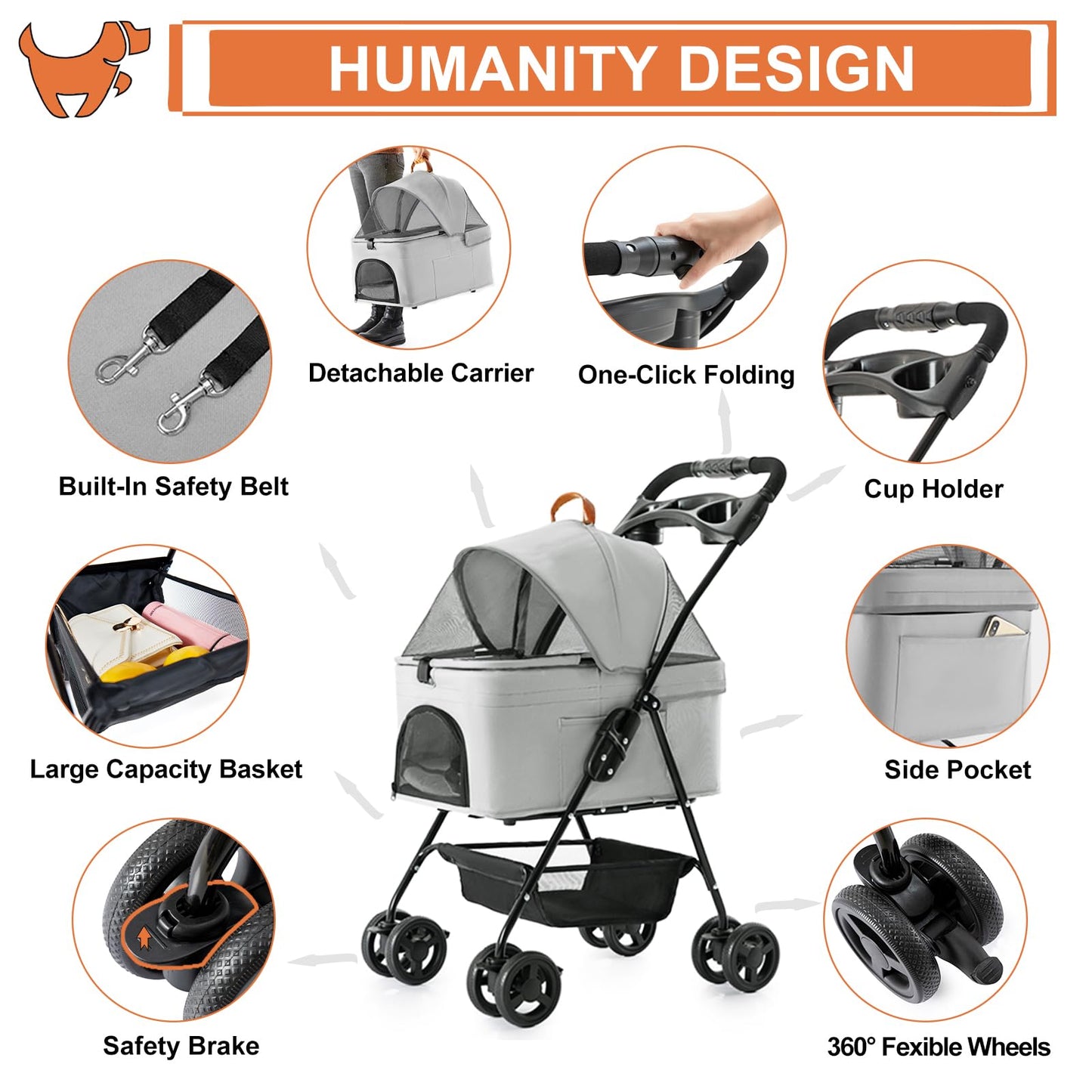 LPOTIUS 3-in-1 Pet Stroller for Small Dogs and Cats, Folding Lightweight Dog Stroller with Detachable Carrier Portable Cat Puppy Jogging Stroller with Cup Holder and Storage Basket, 4 Wheels