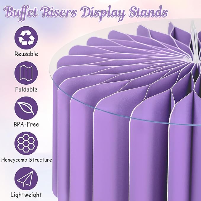 6Pcs Buffet Risers, Food Risers for Table, Foldable Cake Display Stands, Tall Cardboard Cupcakes Stand for Show Catering Desserts Jewelry Wedding Birthday Party Decoration (Purple)