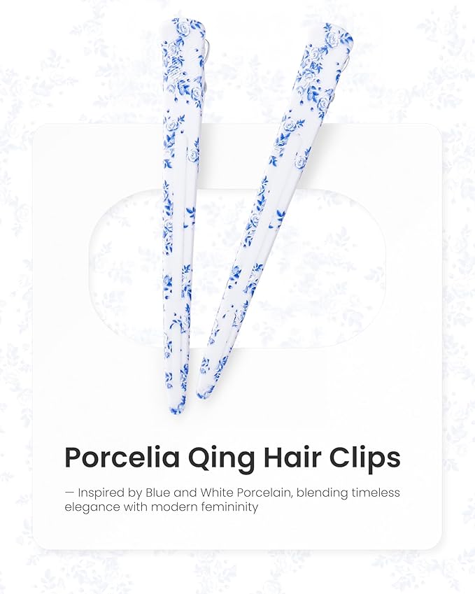AIMIKE 4.8" Porcelia Qing Clips for Styling – Built-In Silicone Band Duckbill Hair Clips, No-Crease Non-Slip Sectioning Clips for Thick, Curly Hair, Ideal for Makeup, Hairstyling & Rollers, 4-Pack