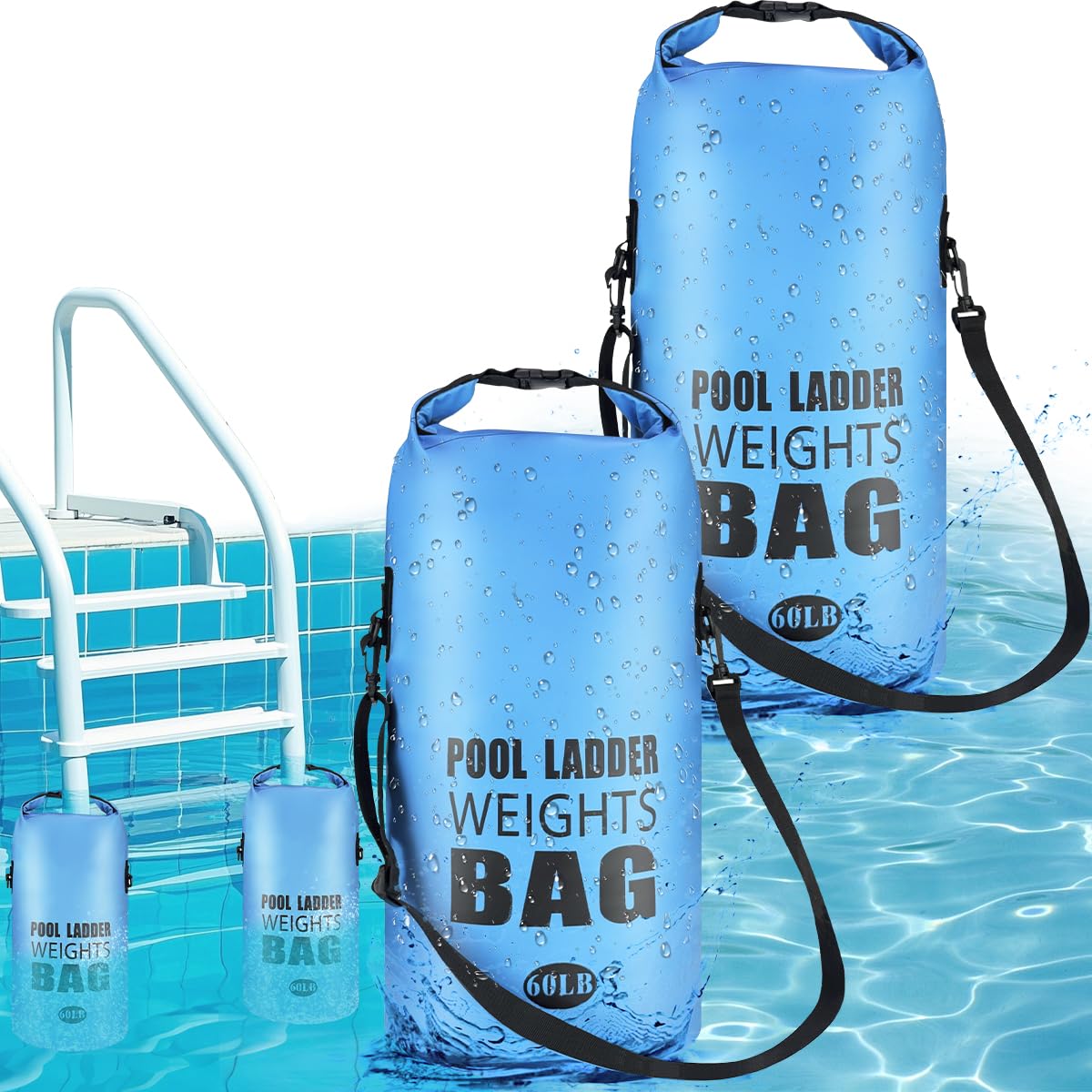 Piemow 2 Pack 25L/60LB Pool Ladder Weights - 500D PVC Waterproof & No Broken Sand Bag with Handle, Above Ground Pool Accessories for Stairs Stabilizing