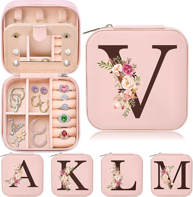 Small Travel Jewelry Case for Women, Initial Travel Jewelry Case Box Organizer Personalized Gifts, Fashion Travel Essentials Trendy Stuff for Teen Girls, Pink V