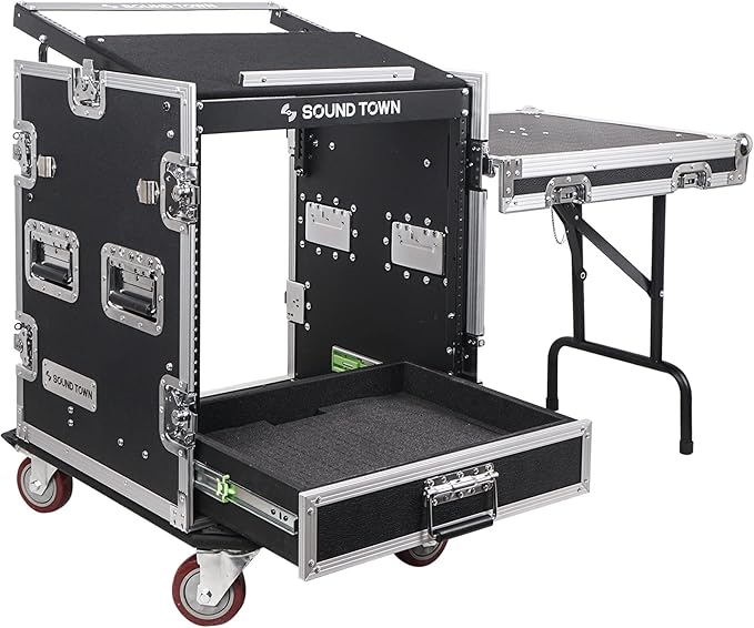 Sound Town 12U PA DJ Pro Audio Rack/Road ATA Case with 2U Drawer, 11U Slant Mixer Top, DJ Work Table, Casters, Pro Tour Grade (MR-DR12UT)