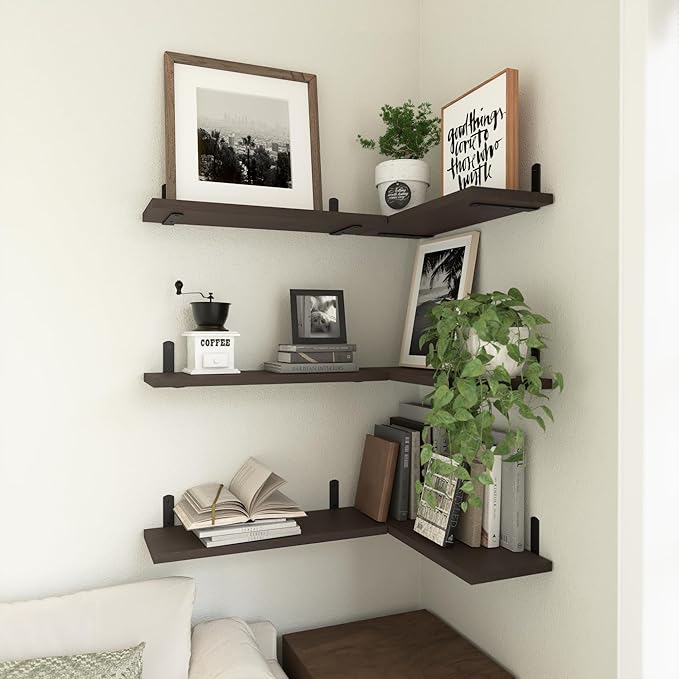 WOPITUES Wood Floating Shelves Set of 6, Shelves for Wall Decor, Farmhouse Shelf for Bedroom, Bathroom Storage Shelves, Book Shelves for Living Room, Dark Brown