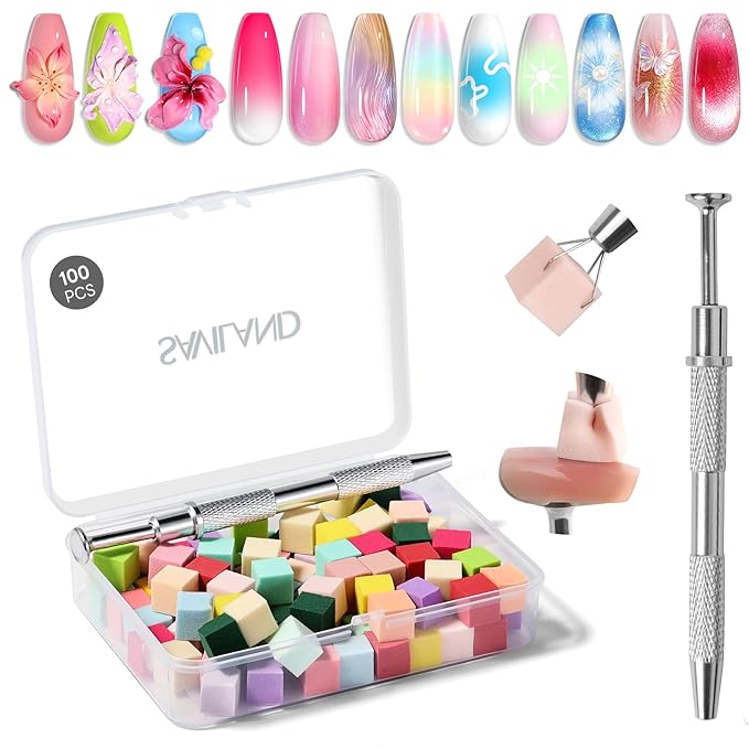 SAVILAND Essentials Colorful Mini Nail Sponge: 100PCS Ombre Sponges With Grabbing Pen Soft Nail Sponges for Ombre French Tip Tools Nail Art Kit Gradient Chrome Effect Nail Art Supplies & Nails Design