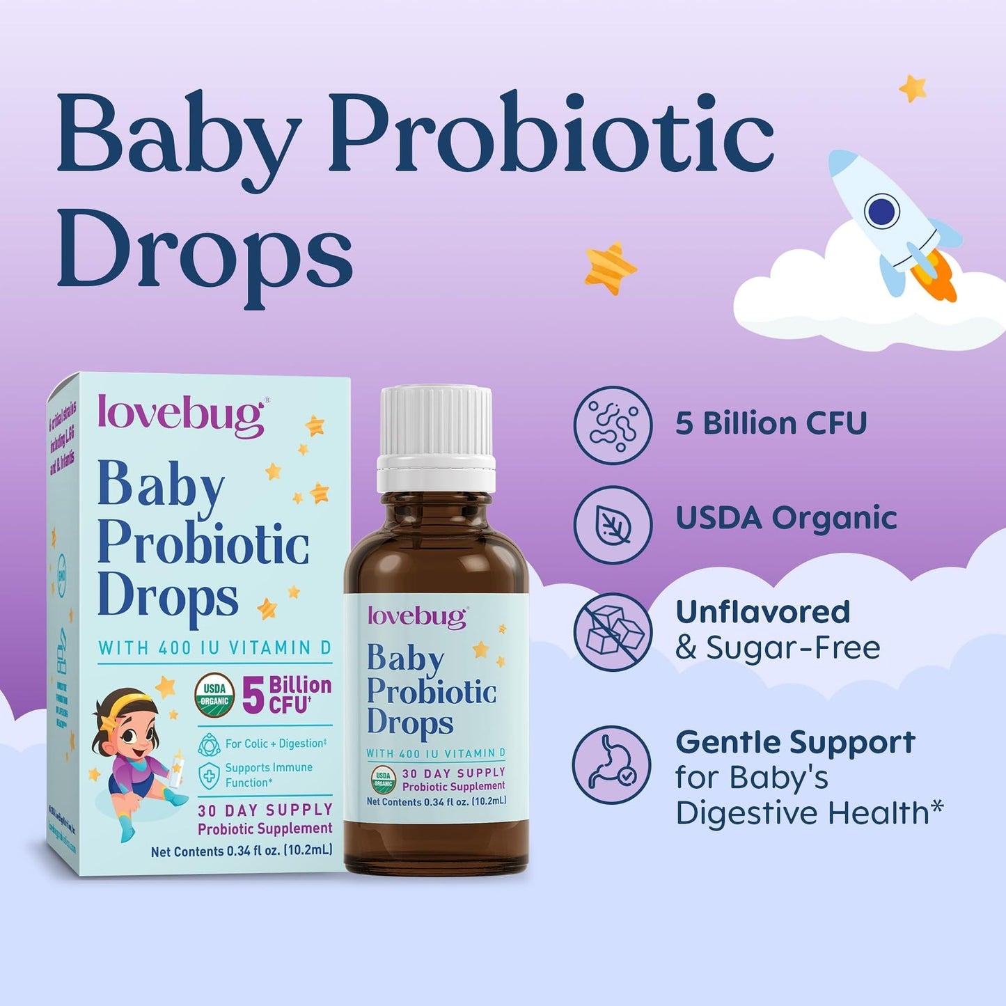 LOVEBUG Baby Probiotic Drops - Organic Probiotics for Immune Support and Baby Constipation & Colic Relief - Tasteless & Sugar-Free Liquid Drops for Newborns, Babies & Infants (0-12 Months) - 10ml