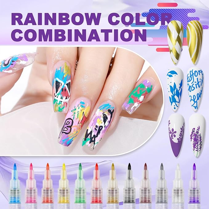 12 Color Nail Art Pens, 0.7 MM Nail Polish Pens Set Drawing Painting Point Liner Acrylic Painted Pen Kit, Waterproof and Quick-drying Nail for DIY Nails Art Design Manicure Tools