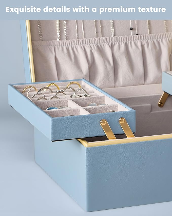 Lolalet Jewelry Box Organizer for Women Girls, 2 Layer Jewelry Organizers and Storage for Necklace Earrings Rings Bracelets, Large Jewellery Holder Case Birthday Valentine Gifts -HazeBlue