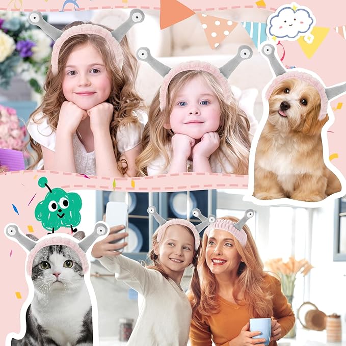 Face Wash Headband, Palm and Snail Spa Hair Bands Makeup Headbands Women Cartoon Cute Coral Fleece Elastic Headband Creative Hair Accessories for Washing Face Shower Sports (Pink&Grey)