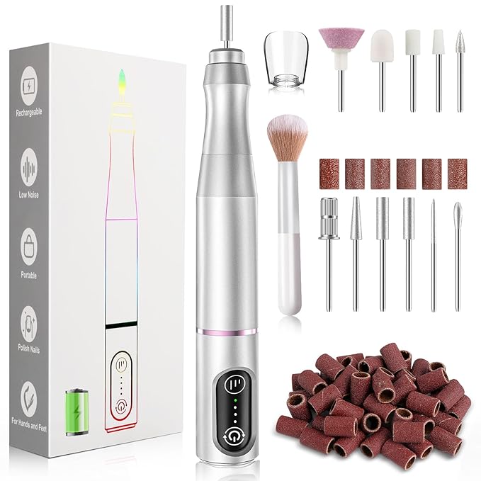 Cordless Nail Drill Electric Rechargeable File Kit, Professional Efile Acrylic Gel Nail Polish Remover Pedicure Manicure Machine Portable Set with 11 Bits 56 Sanding Bands for Salon Silver