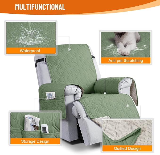VANSOFY 100% Waterproof Recliner Chair Covers, Recliner Cover Non-Slip Dog Chair Cover Furniture Protector Washable Slipcover with Pocket, Elastic Straps for Pets, Dogs(Bean Green, 23.6")