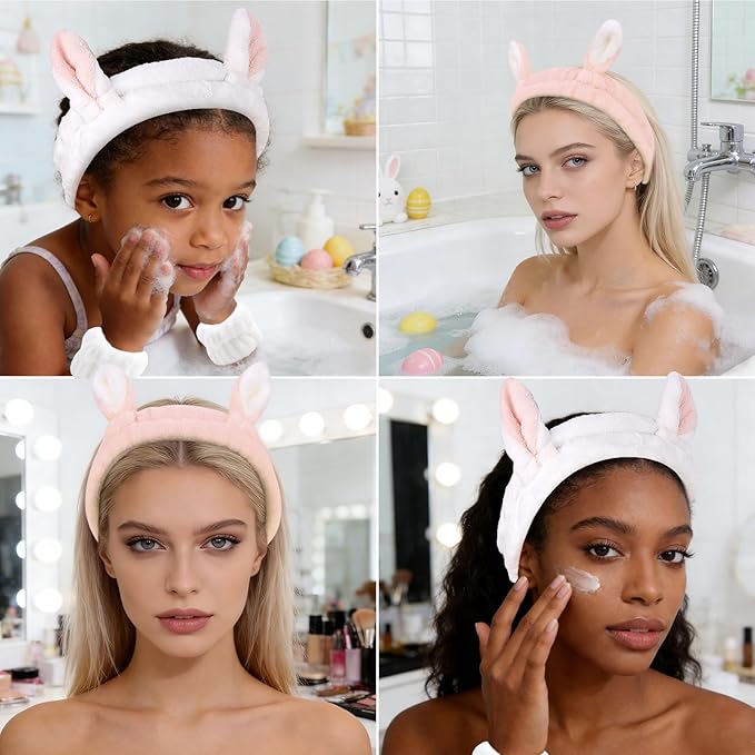YISSION Cute Bunny Ear Spa Headband and Wristband Set for Women and Girls - Soft Plush Makeup Headband with Wrist Towels for Face Washing, Skincare, Shower, Easter Party Favors (White & Pink)