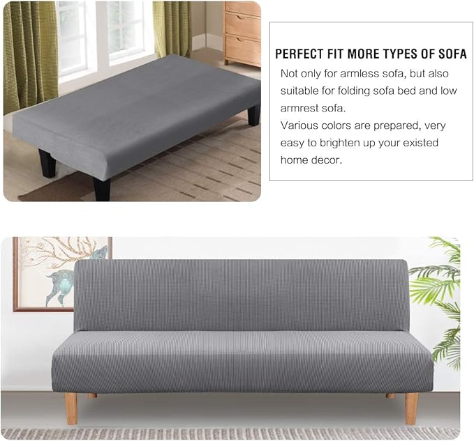 H.VERSAILTEX Armless Futon Cover Stretch Sofa Bed Slipcover Protector Elastic Feature Rich Textured High Spandex Small Checks Jacquard Fabric Futon Cover, Machine Washable, Dove