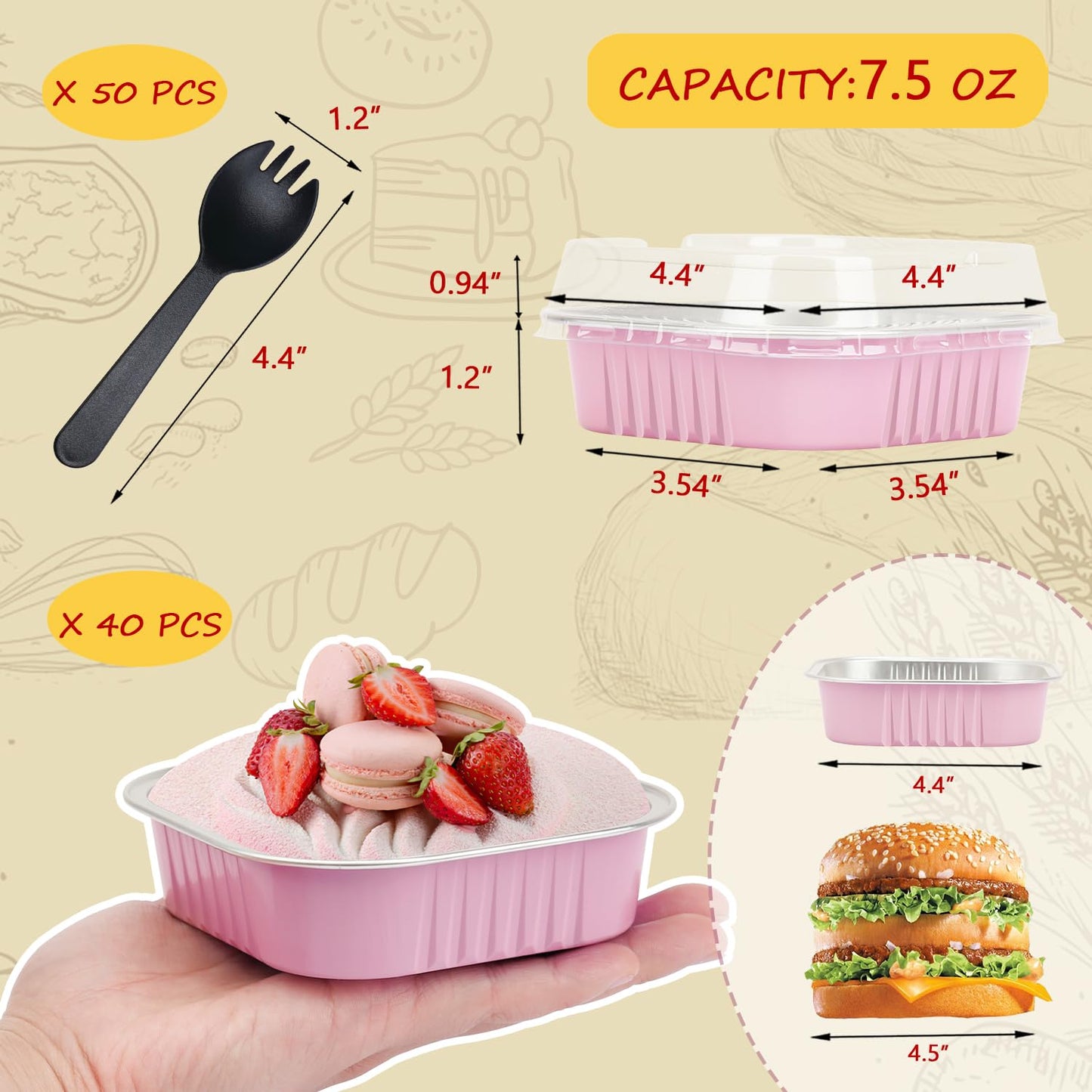 LNYZQUS 4” Mini Pie Tins Muffin Pans With Lids 40 Pack, 7.5oz Aluminum Foil Muffin Tins Individual Small Cake Pans Dishes,Disposable Ramekins Baking Cups Contaniers-Pink