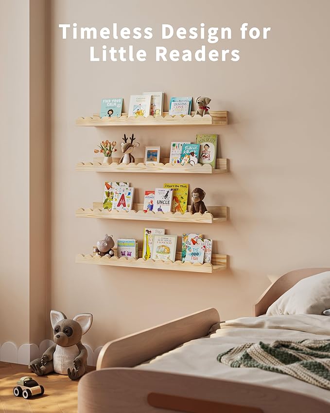 Shario Nursery Book Shelves, 4-Pack Wood Floating Shelves for Wall Kids, Scalloped Shelves, Wall Book Shelves for Bedroom Kids, Toddler Room, Baby Room, Nursery Decor (Wood, 23 Inches)