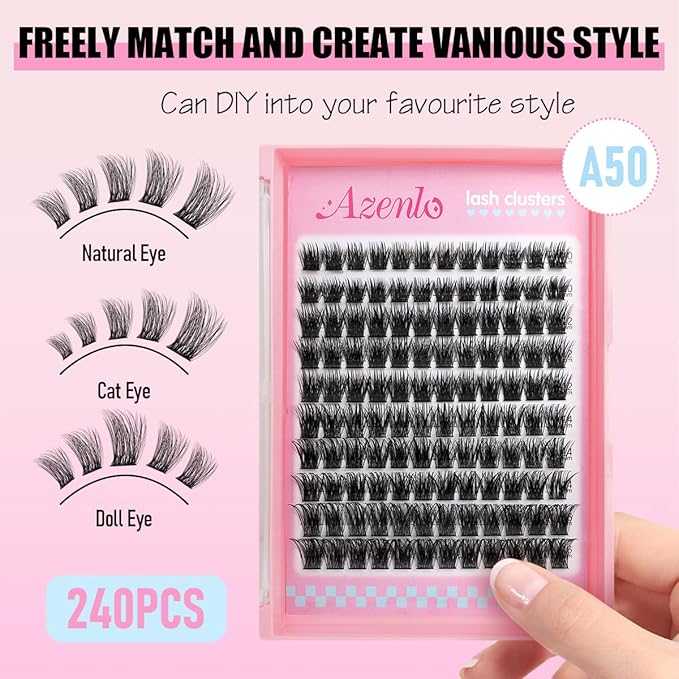 Azenlo Natural Lash Clusters Kit Wispy Eyelash Clusters 120 pcs Cluster Eyelash Extensions C Curl Individual Lashes 10-16 mm Mix Length Natural Look (Natural A50 KIT 120 Pcs)