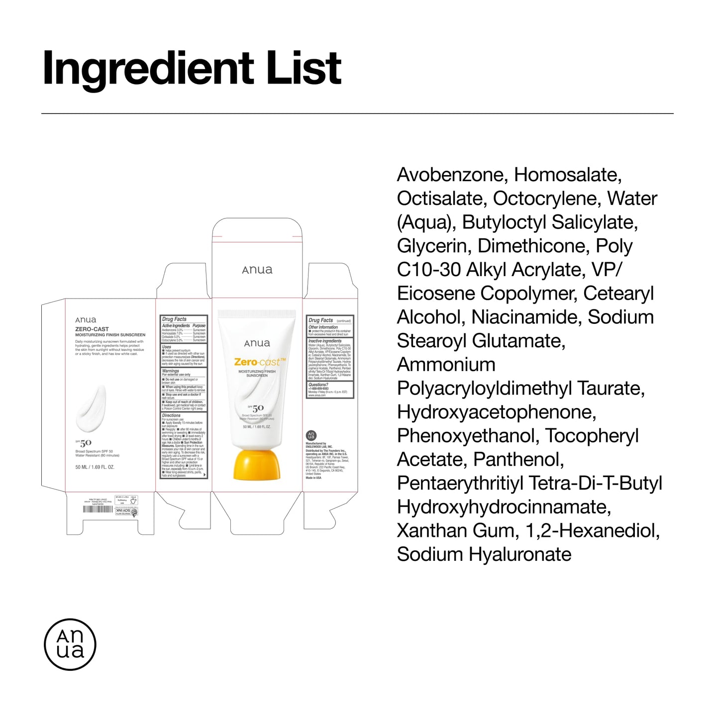 Anua, Zero-Cast Moisturizing Sunscreen SPF 50, Glow Natural Sunscreen for face, No White Cast, Hyaluronic Acid, Niacinamide, Oil-Free, Korean Skincare, 1.69 fl oz