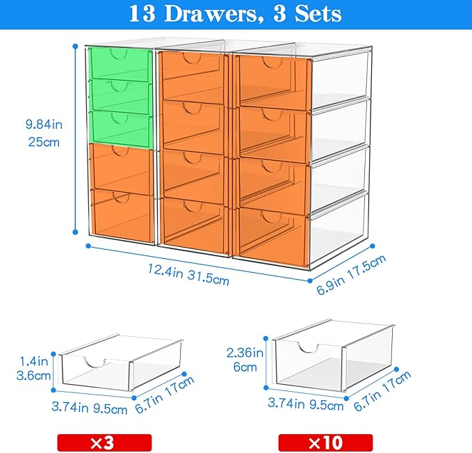 Acrylic Makeup Organizer with 13 Drawers, Bathroom Counter Organizer, Acrylic Organizers, Desk Organizer, Office Supplies, Storage Drawers for Cosmetic, Pencil, Coffee, etc 3 Pack