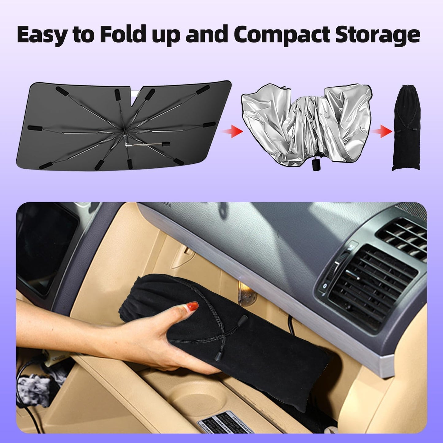 2026 Windshield Sun Shade Umbrella, Foldable Car Sunshade for Mid-Size Sedan, 360 Rotating Automotive Interior Sun Protection for 99% Heat UV Blocking, Auto Heat Shield Accessories(Medium)