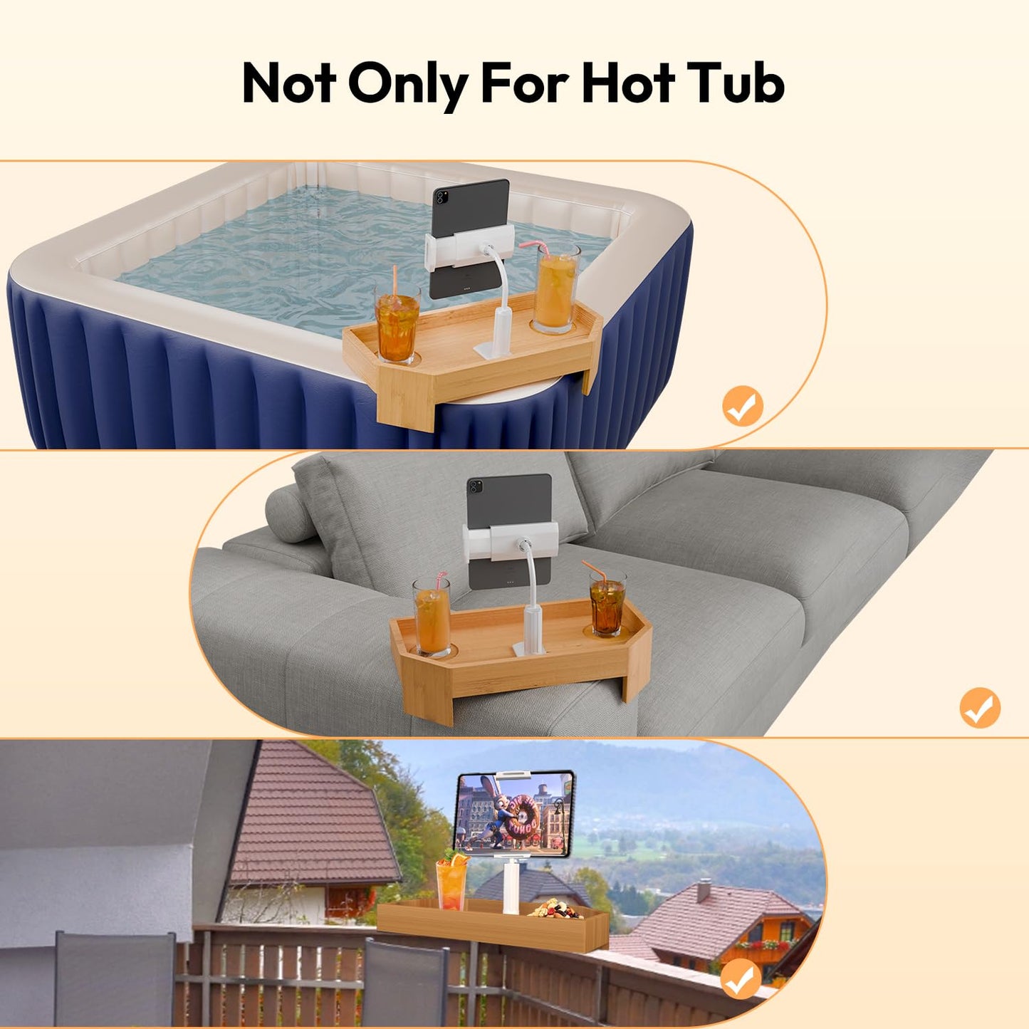 POOLCOMFT Bamboo Hot Tub Tray with Adjustable Phone Holder, Non Slip Hot Tub Table with Card & Scented Candle, Hot Tub Accessories - Unique Gift Idea for Spa Lover, Women, Parents