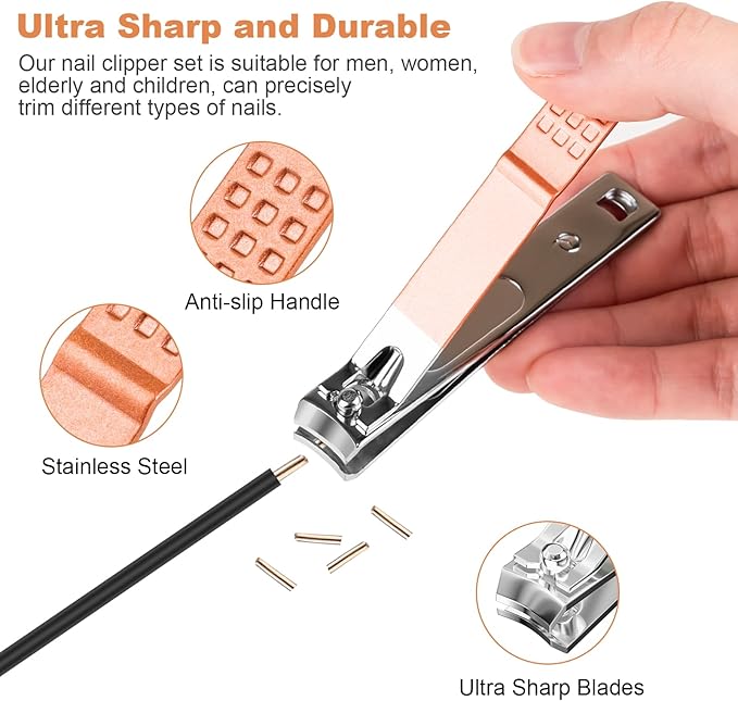 DUCOO Nail Clipper Set, 4 PCS Ultra Sharp Nail Clippers for Men, Women, Adults Toenail Fingernail Clippers, Stainless Steel Nail Cutter & File, Rose Gold