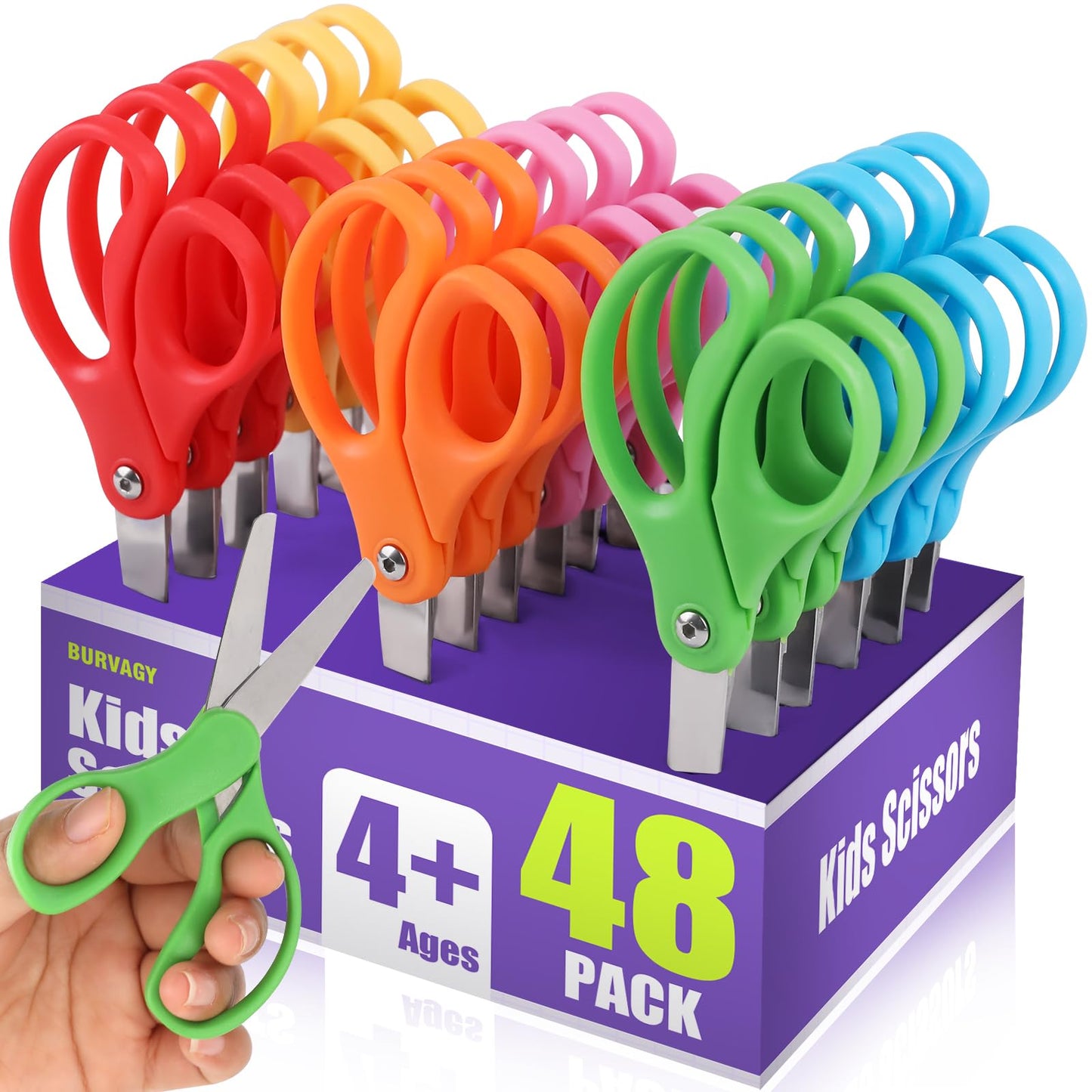 BURVAGY 48 Packs 5" Small School Student Blunt Tip Craft Kids Scissors, Stainless Steel Blades Comfort Grip 5 Inch Safety Scissors Bulk for Children Toodler Cutting Paper