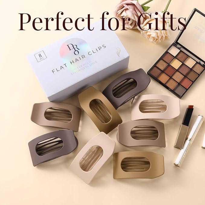 8 Pack Brown Flat Hair Clips for Women – Large Neutral Matte No-Slip Rectangle Claw Clips for Thick & Thin Hair, Strong Hold Square Hair Accessories for Everyday Office or Coffee Look