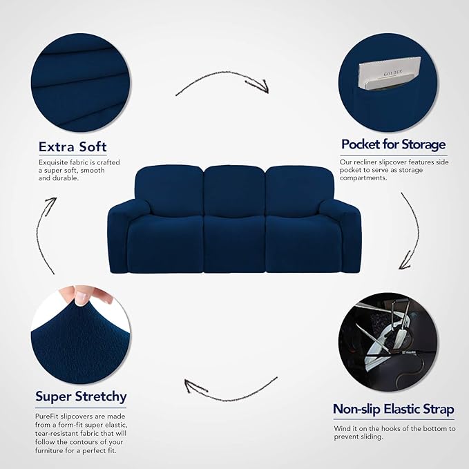 PureFit Super Stretch 3 Seats Recliner Chair Sofa Couch Cover with Pocket – Non Slip Soft Sofa Slipcover, Washable Spandex Reclining Furniture Protector for Kids, Pets (Recliner Sofa, Navy)