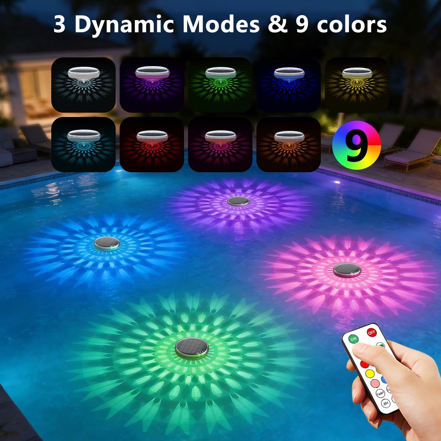 Solar Powered Floating Pool Lights(4 Pack), Pool Lights That Float with Remote Control, 12 Lighting, Timing Mode, IP67 Waterproof for Inground/Above Ground Pool, Pool Party, Bathroom, Bathtub, Garden