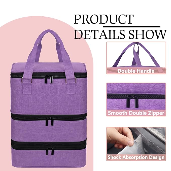 Large Nail Polish Organizer Case Hold 84+ Bottles Nail Polish & Nail Lamp, 3 Layers Nail Organizers and Storage for Nail Tech with Divider, Travel Carrying Case(Purple)