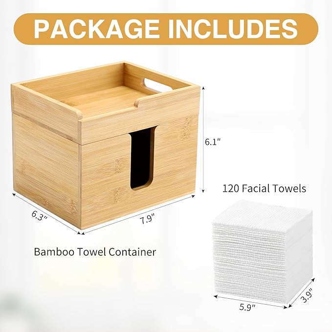 Bamboo Face Towel Holder with 120 XL Towels - Open-Top Skincare Organizer for Facial Cleansing Wipes & Beauty Essentials - Bathroom Countertop Vanity Organizer